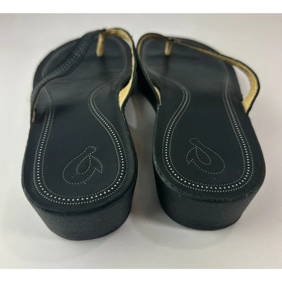 Olukai Ola Full Grain Leather Flip Flops Black Slides Women's Size 10 Sandals - Picture 11 of 14